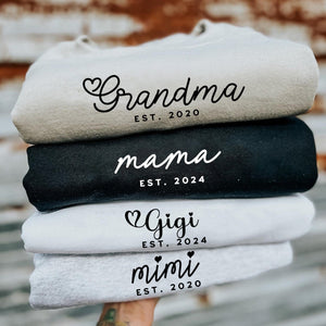 Personalized Mama Est Heart Sweatshirt with Kid Names on Sleeve