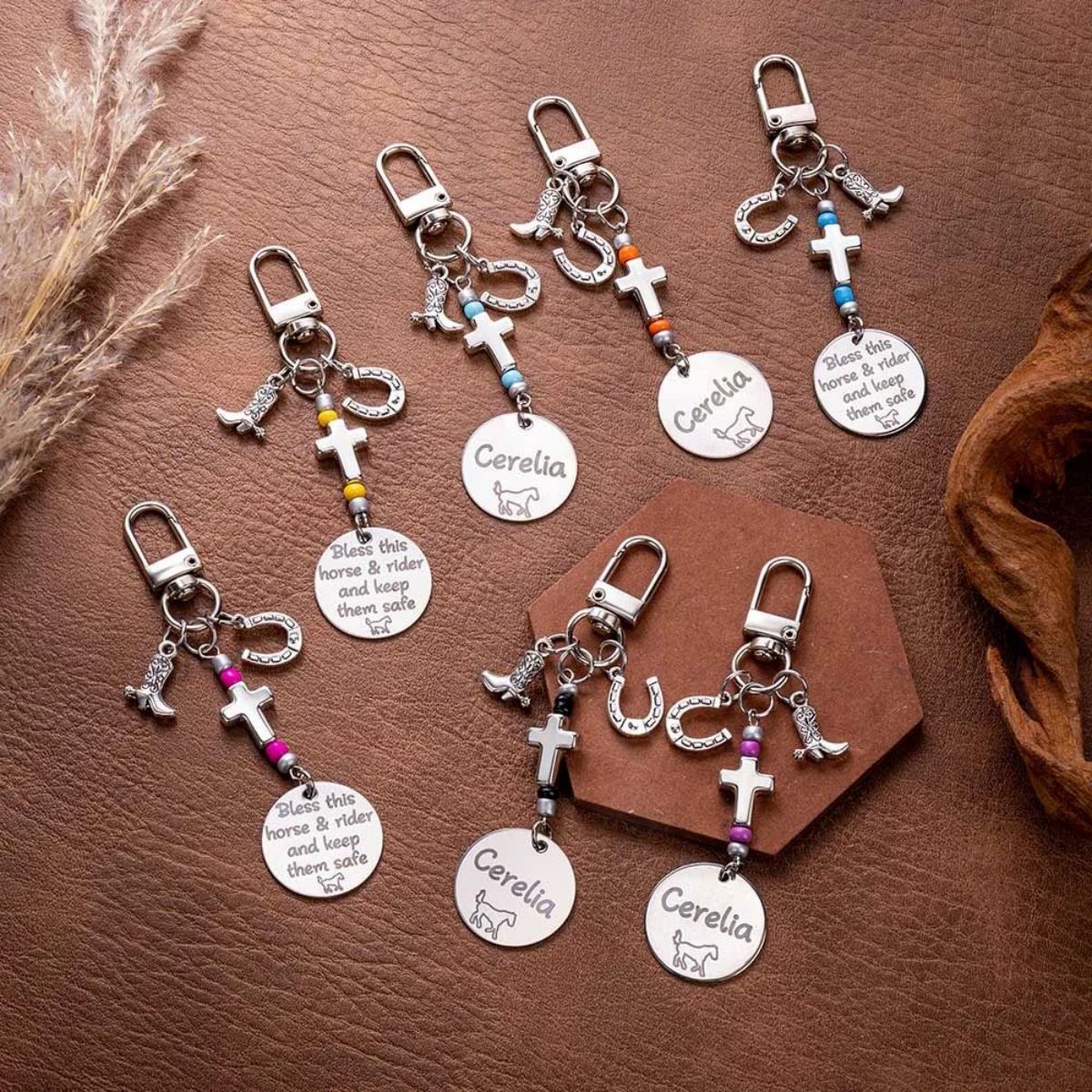 Personalized Cross Horseshoe Horse Saddle Beads Charm With Name