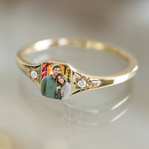 Personalized Stained Glass Background Photo Birthstone Ring