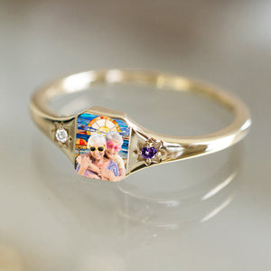 Personalized Stained Glass Background Photo Birthstone Ring