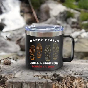 Happy Trails Adventure Awaits Hiking Camping Couple Gift - Personalized 14oz Stainless Steel Tumbler With Handle