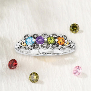 Personalized Antiqued Diamond accent Mother's Birthstone Ring 2 - 5 Stones