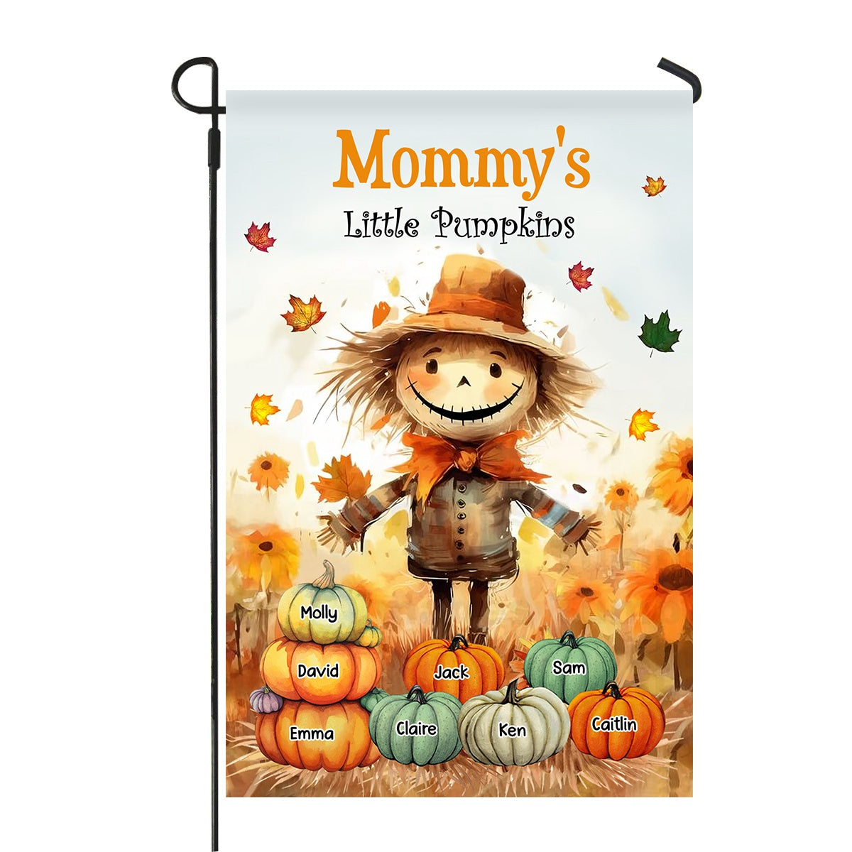 Grandma's Little Pumpkins Scarecrow Standing With Pumpkins Around Personalized Flag