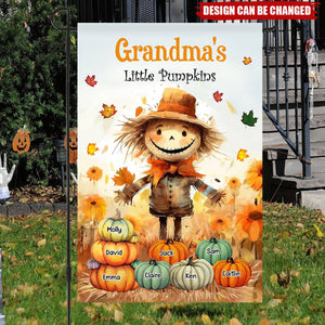 Grandma's Little Pumpkins Scarecrow Standing With Pumpkins Around Personalized Flag