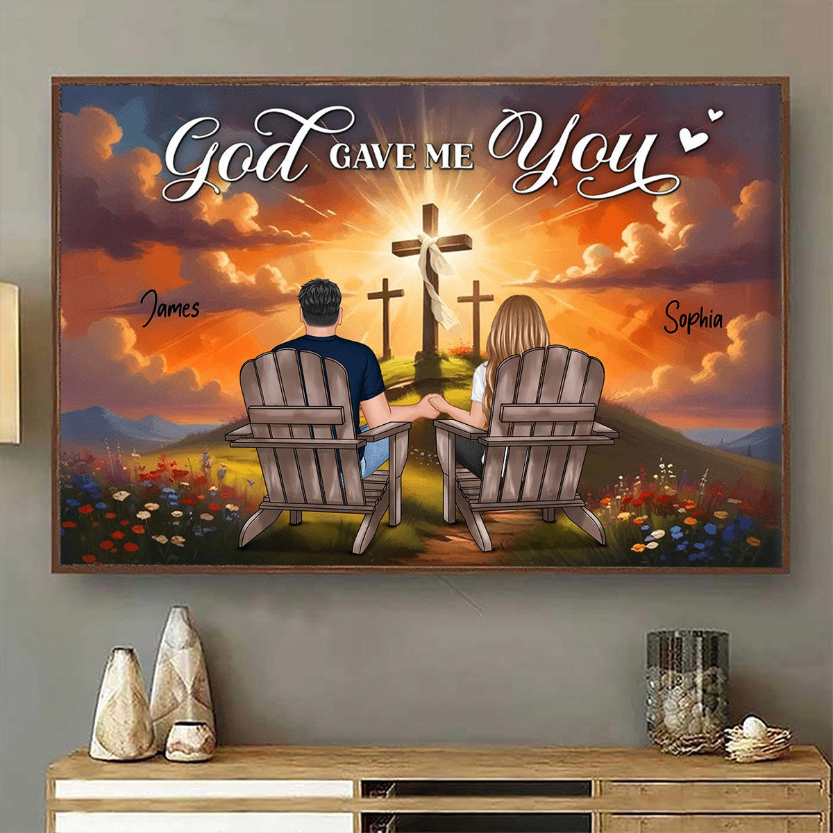 Cross God Gave Me You Couple Sitting Personalized Poster, Anniversary Gift For Him, Her