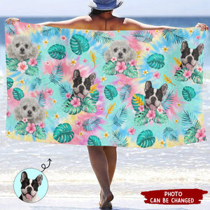 Custom Photo Happy Tails In Summer Trails - Dog & Cat Personalized Custom Beach Towel - Summer Vacation Gift