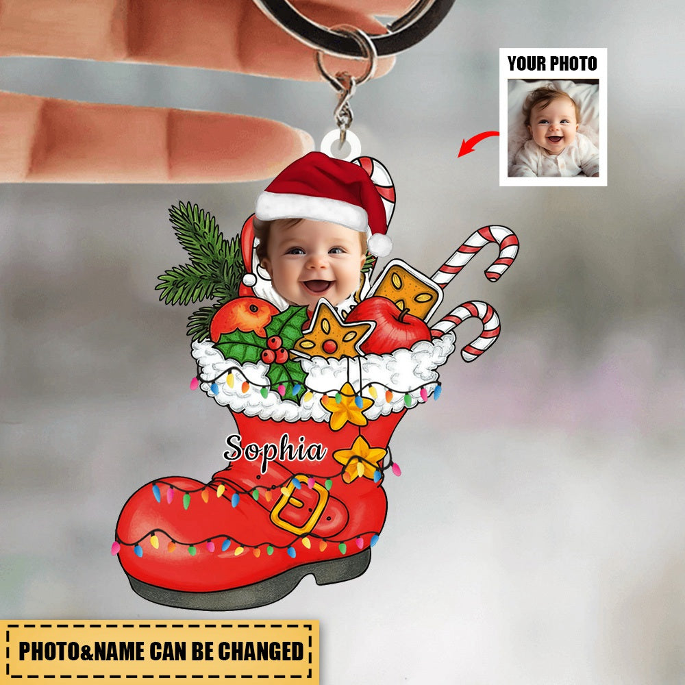 Personalized Cute Christmas Kid Santa Shoe Upload photos Acrylic Keychain