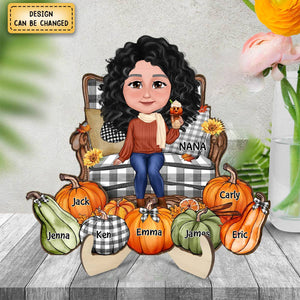 Grandma Sitting On Chair Pumpkins Personalized 2-Layer Wooden Plaque, Fall Season Decor