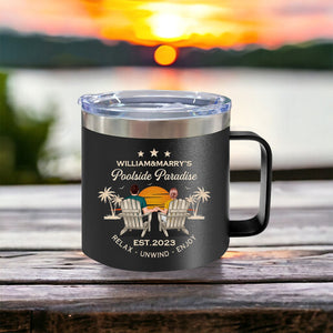 Sunset Couple Sitting Personalized 14oz Stainless Steel Tumbler With Handle