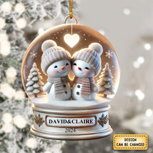 Snow Globe Snowman Couple White Christmas Acrylic Ornament, Personalized Couple Ornament, Christmas Gift For Married Engaged Couples