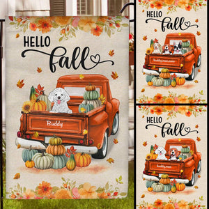 Hello Fall Dogs On Truck Personalized Garden Flag