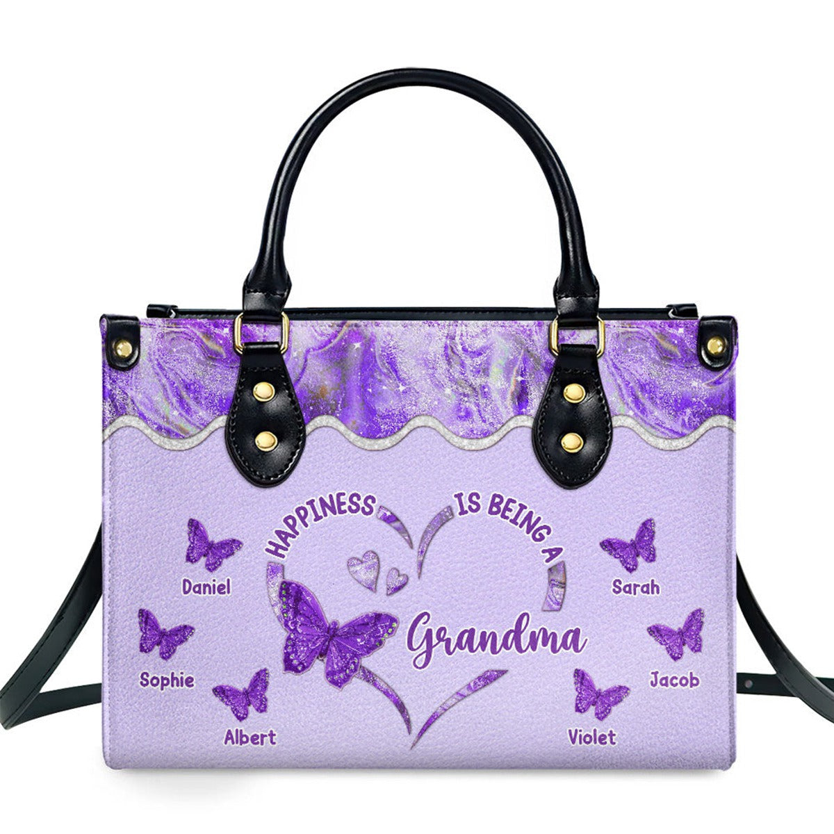 Happiness Is Being - Personalized Custom Leather Bag For Grandma