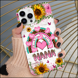 Personalized Phone Case - Grandma, Nana Leopard Pink Pattern Kid Names In Heart