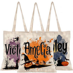 Personalized Halloween  Canvas Tote Bag - Pumpkin Witch Black Cat Castle Skeleton Ghost