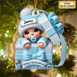 Baby Inside Gift Box Personalized Acrylic Ornament, Lovely Keepsake to Celebrate Baby's First Christmas