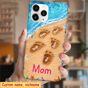 Personalized Phone Case Summer Beach Grandma With Cute Grandkids Footprints On the Sand