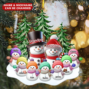 Granparents/Parents Snowmen With Baby Kids In Pine Tree Forest - Personalized Shape Ornament