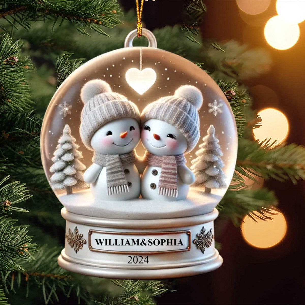 Snow Globe Snowman Couple White Christmas Acrylic Ornament, Personalized Couple Ornament, Christmas Gift For Married Engaged Couples