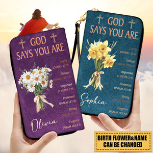 Personalized God Says You Are Birth Flower Bouquet PU Leather Long Wallet   Gift for Christian