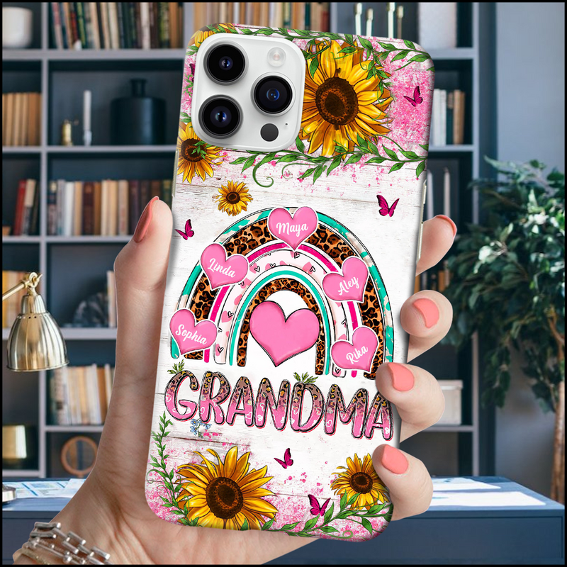 Personalized Phone Case - Grandma, Nana Leopard Pink Pattern Kid Names In Heart