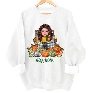 Grandma Sitting On Chair Pumpkins Personalized Sweatshirt