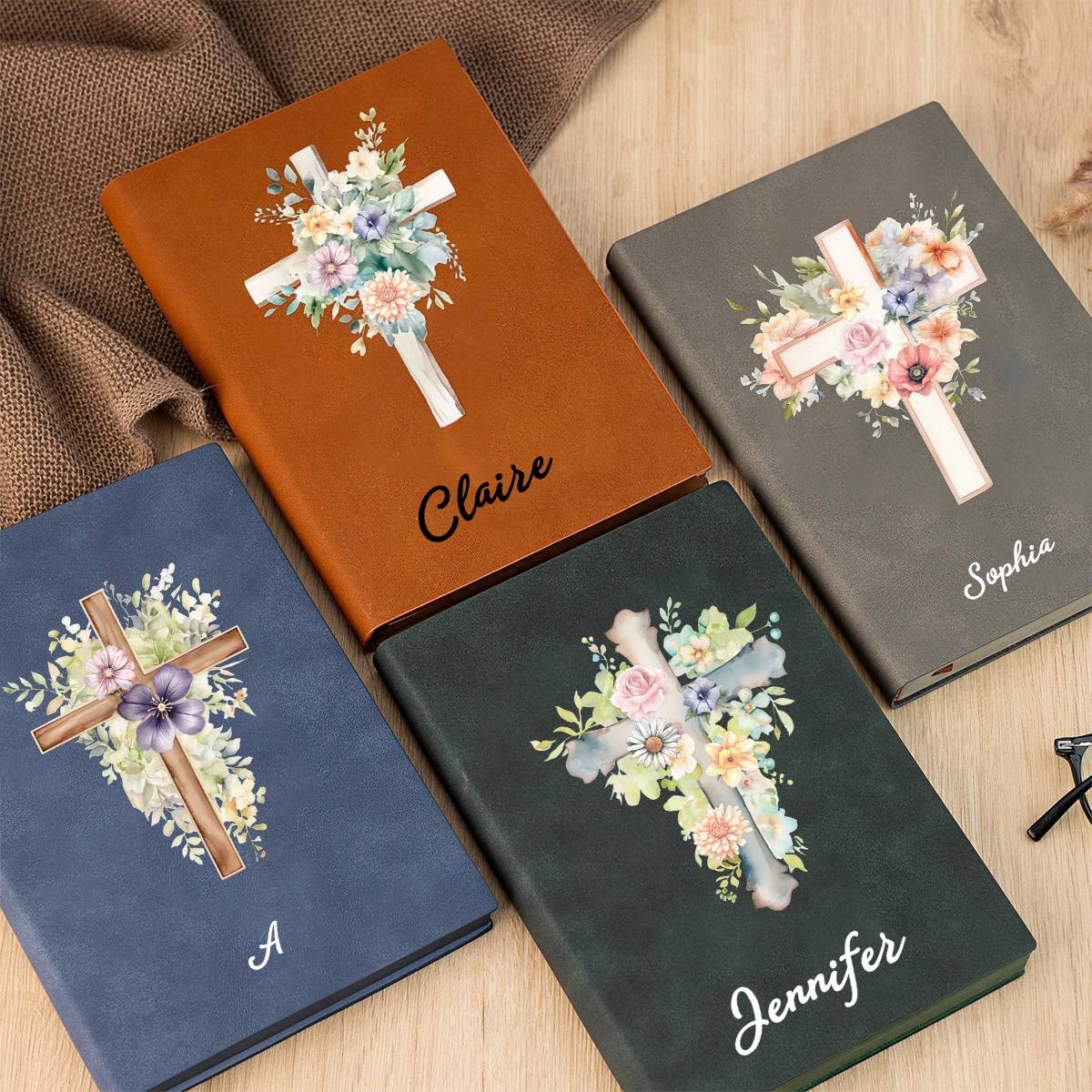 Personalized Watercolor Cross 1-5 Birth Flowers Leather Church Notebook with Name for Bible Study Birthday Religious