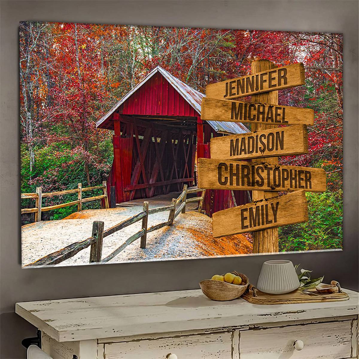 Covered Bridge Color, Personalized Multi-Names Family Poster