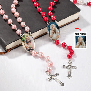 Custom Rosary Beads Cross Multi-Personalized Necklace With Photo Memorable Gift For Women