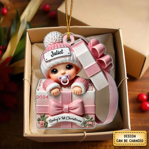 Baby Inside Gift Box Personalized Acrylic Ornament, Lovely Keepsake to Celebrate Baby's First Christmas