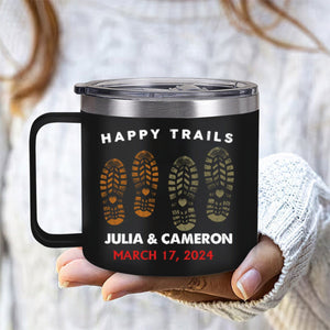 Happy Trails Adventure Awaits Hiking Camping Couple Gift - Personalized 14oz Stainless Steel Tumbler With Handle