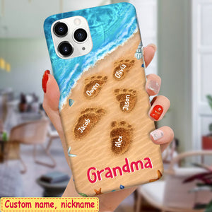 Personalized Phone Case Summer Beach Grandma With Cute Grandkids Footprints On the Sand