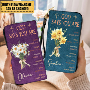 Personalized God Says You Are Birth Flower Bouquet PU Leather Long Wallet   Gift for Christian