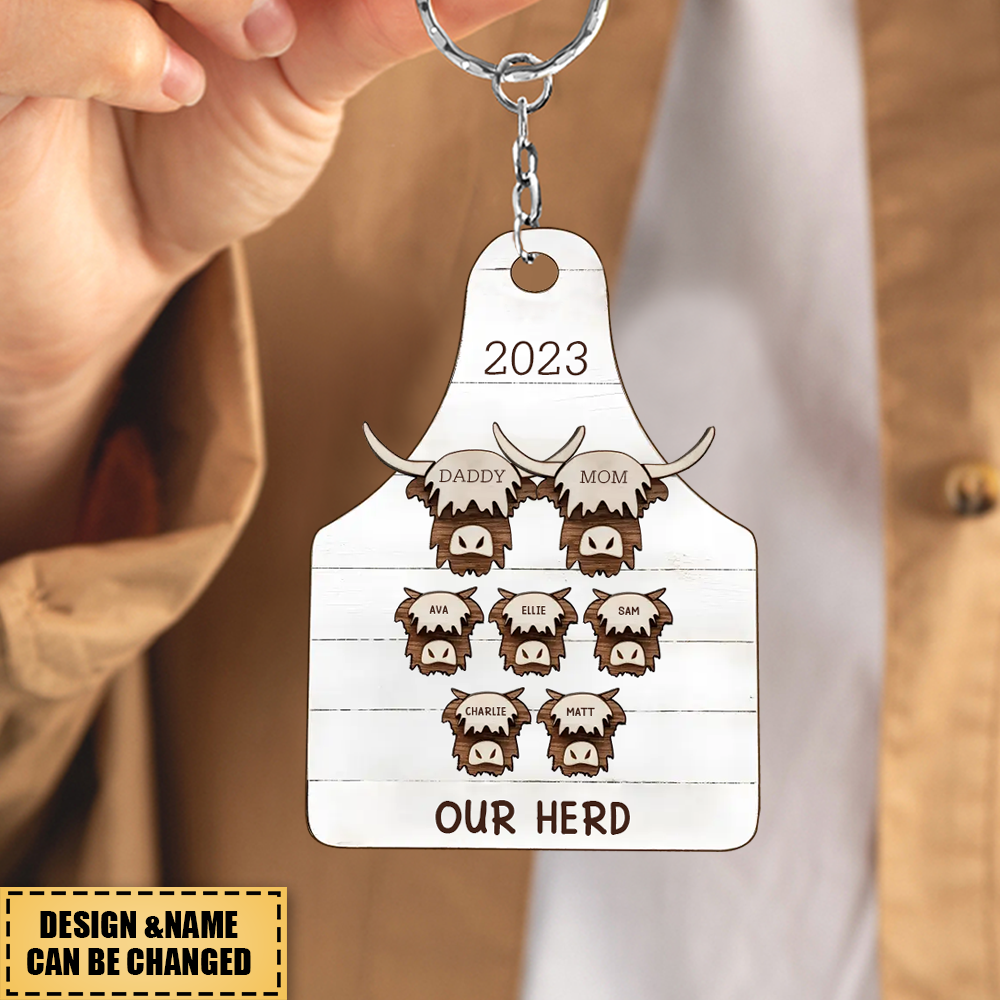 Personalized Highland cow, family christmas , farmhouse Christmas Wood keychain