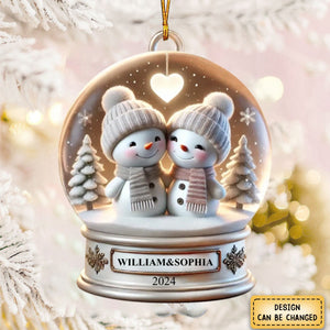 Snow Globe Snowman Couple White Christmas Acrylic Ornament, Personalized Couple Ornament, Christmas Gift For Married Engaged Couples