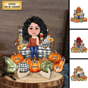 Grandma Sitting On Chair Pumpkins Personalized 2-Layer Wooden Plaque, Fall Season Decor