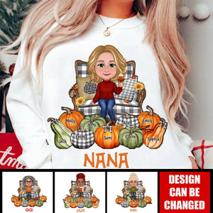 Grandma Sitting On Chair Pumpkins Personalized Sweatshirt