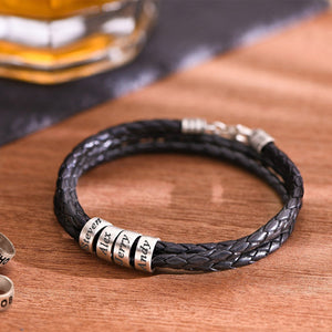 Personalized Men Braided Leather Bracelet with Small Custom Beads