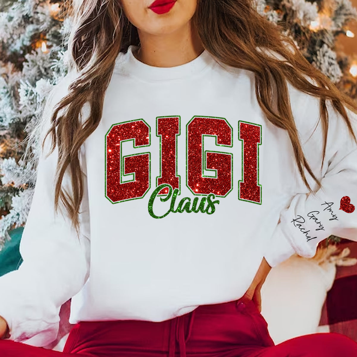 Personalized Glitter Gigi Claus Christmas Family Sweatshirt With Grandkids