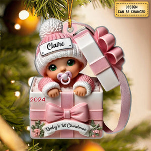 Baby Inside Gift Box Personalized Acrylic Ornament, Lovely Keepsake to Celebrate Baby's First Christmas