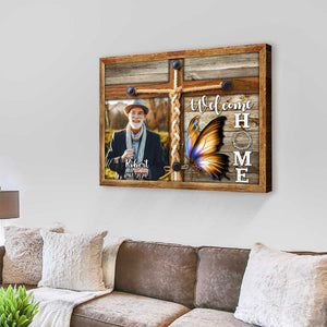 Personalized Memorial Photo Welcome Home Butterfly Cross Canvas Poster