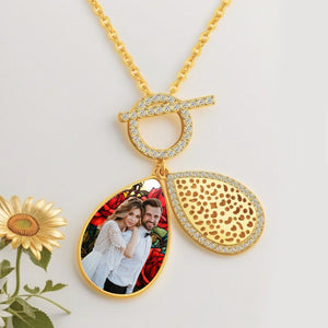 Personalized Water Drop Shape Stained Glass Background Photo Box Necklace