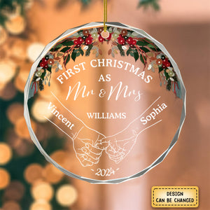 Holding Hands First Christmas Couple - Personalized Circle Glass Ornament