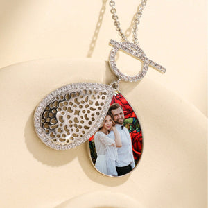 Personalized Water Drop Shape Stained Glass Background Photo Box Necklace