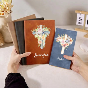 Personalized Watercolor Cross 1-5 Birth Flowers Leather Church Notebook with Name for Bible Study Birthday Religious