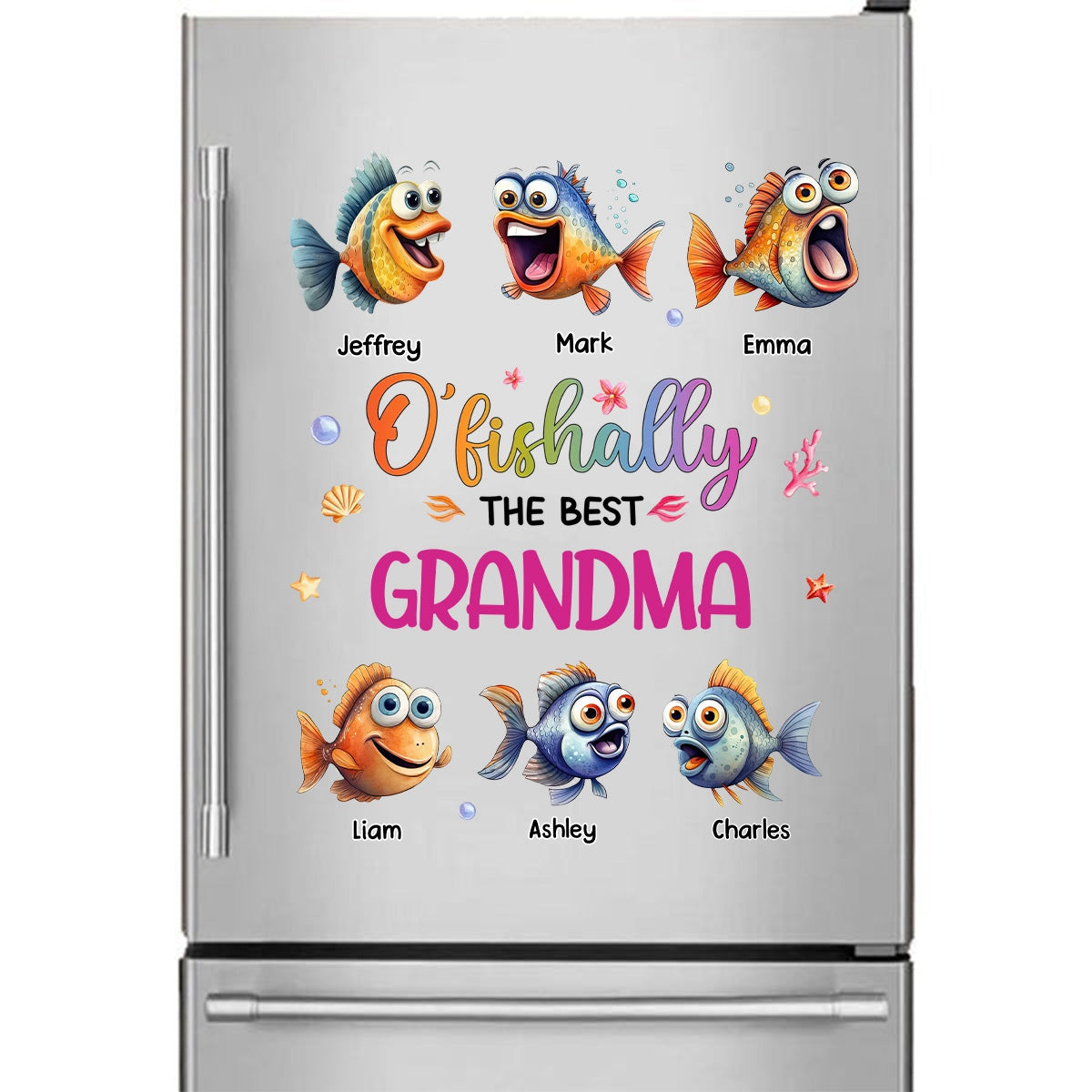 Personalized Fridge Decal/Sticker - O'fishally With Colorful Shell Fish Bubbles