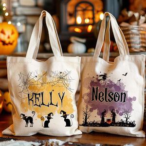 Personalized Halloween  Canvas Tote Bag - Pumpkin Witch Black Cat Castle Skeleton Ghost