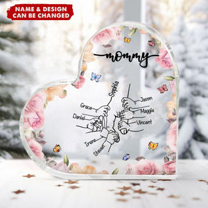 Personalized Holding Mom's Hand Heart Shaped Acrylic Plaque