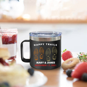 Happy Trails Adventure Awaits Hiking Camping Couple Gift - Personalized 14oz Stainless Steel Tumbler With Handle