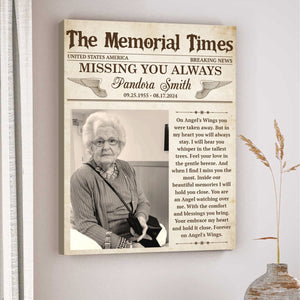 Personalized Memorial Newspaper Canvas Poster,Missing You Always Gift