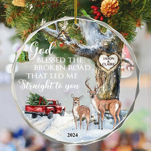 God Blessed The Broken Road – Gift For Couple Personalized Christmas Glass Ornament Holiday Decoration